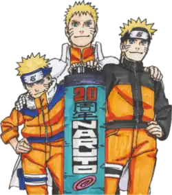 The three incarnations of the character Naruto Uzumaki together. They include the child at the left, the teenager in the right, and the adult in the middle