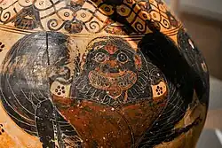 Fig. 4. Winged Gorgon with volute nose, wide mouth, tusks/fangs, tongue, and beard; name vase of the Nessos Painter, Athens, National Archaeological Museum 1002 (late seventh–early sixth century BC)[70]