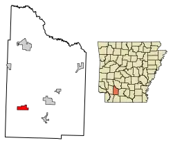 Location of Bodcaw in Nevada County, Arkansas.