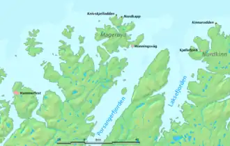 Kinnarodden (right) is on mainland, North Cape (Nordkapp, center) is on an island.