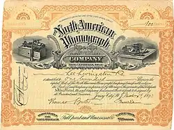Stock certificate of the North American Phonograph Company, issued March 14, 1893 in Jersey City, N.J., originally signed by Thomas Alva Edison as president. The illustration on the left shows an Edison Class M Electric Phonograph; on the right is an 1888 American Graphophone Company Model B treadle Graphophone for wax cylinders.
