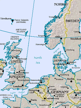 Map of the North Sea, bounded in the west by Great Britain, the east by Scandinavia, and the south by mainland Europe. The sea opens into the Atlantic Ocean in the north, and is connected by a narrow water passage in the east to the Baltic Sea.