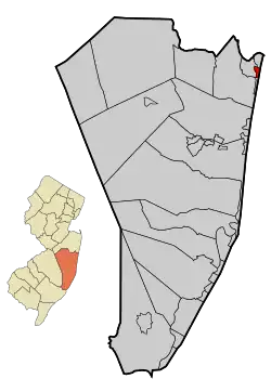 Location of Bay Head in Ocean County highlighted in red (right). Inset map: Location of Ocean County in New Jersey highlighted in orange (left).