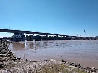 The Dam from the Ohio side with the Ohio River at 58 ft (18 m)