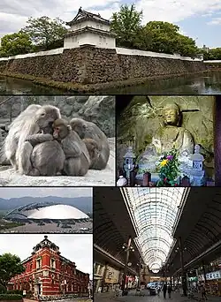 From top, left to right: Funai Castle, Monkeys in Mount Takasaki, Motomachi Stone Buddhas, Ōita Stadium, Old Ōita Bank&nbsp;[ja], Shopping street in central Ōita&nbsp;[ja]