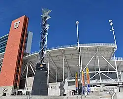 2002 Olympic cauldron with stadium in background