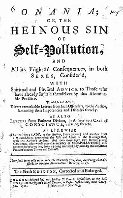 Title page of Onania with the full name and editorial details below. "Onania, or the Heinous Sin of Self-Pollution" is in large writing.