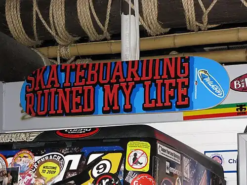 Decorations include equipment bolted to the walls