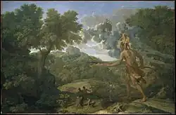 Nicolas Poussin (1658) "Landscape with blind Orion seeking the sun". Metropolitan Museum of Arts, Manhattan, New York.