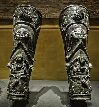 Ornate gladiator shin guards from Pompeii
