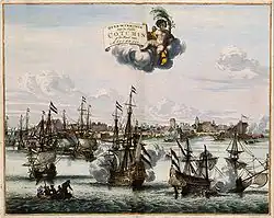 The capture of Cochin from the Portuguese by Rijckloff van Goens in 1663. Atlas van der Hagen, 1682.