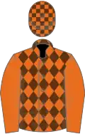 Orange, brown diamonds, orange sleeves, checked cap