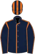 Dark blue, orange seams, striped cap