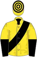 Yellow, black sash, halved sleeves, hooped cap