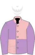 Pink and mauve (quartered), mauve sleeves, white cap