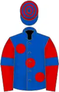 Royal blue, large red spots, red sleeves, royal blue armlets, royal blue and red hooped cap