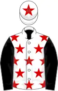 White, red stars, black sleeves, white cap, red star