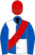 Royal blue and white quartered with red sash, royal blue sleeves and cap