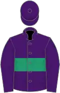 Purple, emerald green hoop, purple sleeves, purple cap