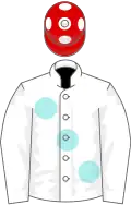 White, large pale blue spots, red cap, white spots