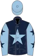 Dark blue, light blue star, light blue sleeves, dark blue stars, light blue cap