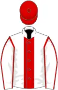 White, red stripe, red seams on sleeves, red cap