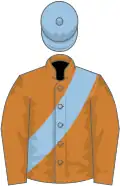 Bronze, light blue sash, light blue cap