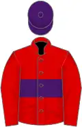 Red, purple hoop, red sleeves, purple cap