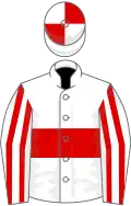 White, red hoop, striped sleeves, quartered cap