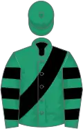 EMERALD GREEN, black sash, hooped sleeves, emerald green cap