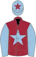 Maroon, light blue star and sleeves, light blue cap, maroon star