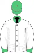 White, emerald green collar, cuffs and cap