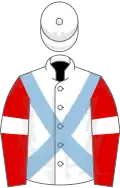 White, light blue cross-belts, red sleeves, white armlets and cap