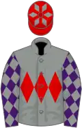 Grey, red triple diamond, purple sleeves, grey diamonds, red cap, grey diamonds