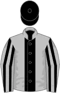 Silver, black panel, black stripes on sleeves, black cap
