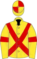 Yellow, red cross-belts and armlets, quartered cap