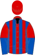 Red and royal blue stripes, halved sleeves, red cap