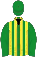 Green, yellow stripes, green sleeves and cap