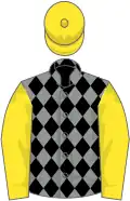 Grey and black diamonds, yellow sleeves and cap