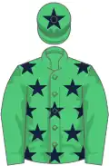 Emerald green, dark blue stars, emerald green sleeves, emerald green cap, dark blue star