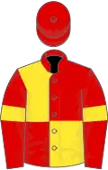 Red and yellow (quartered), red sleeves, yellow armlets, red cap