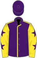 Purple, yellow seams, yellow sleeves, purple stars, purple cap