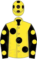 Yellow, large black spots, black sleeves, yellow spots, yellow cap, black spots