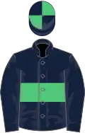 Dark blue, emerald green hoop, dark blue sleeves, quartered cap