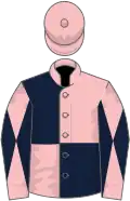 Pink and dark blue (quartered), diabolo on sleeves, pink cap