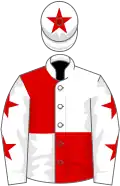 White and red (quartered), white sleeves, red stars, white cap, red star