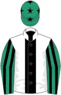 White, black stripe, emerald green and black striped sleeves, emerald green cap, black stars