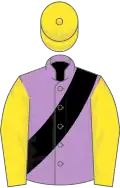 Mauve, black sash, yellow sleeves and cap