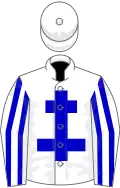 White, blue cross of lorraine, striped sleeves, white cap