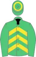 Emerald green, yellow chevrons, hoop on cap